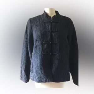 Eileen Fisher Brown Puckered Wool Linen Mandarin Jacket Pockets Small